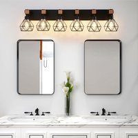 UOI 38 inch Black Iron Modern Geometric 6-Light Vanity Light Fixture with Wooden Accents and Cage Lampshade one_size | ZZH100791