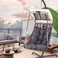 Forclover Patio Swing Hammock Egg Chair Rattan Gray Metal Frame Hanging Egg Chair with Gray Cushioned Seat | MONM1209-01GY