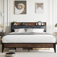 Garvee King size metal bed frame with storage shelves metal platform bed linen upholstered headboard quilted design no spring mattress required metal