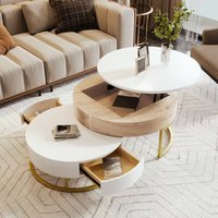 LUXEYARD Modern Round Lift-top Nesting Coffee Tables with 2 Drawers White and Natural one_size | DS-J-993AAK-CH338