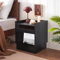 SunJet Mid Century Modern Nightstand with Built In Charging Station and LED Lights 2 Drawer Bedside Table End Table for Bedroom or Living Room Black