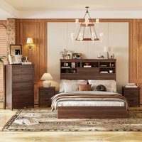 ModernLuxe 4PCS Bedroom Sets Wooden Queen Size Bed Frame with Storage Headboard and Charging Station 2 Nightstands with 2 Drawers 1 Dresser with 5
