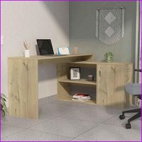 SunJet Desks Dallas L Shaped Home Office Desk with Shelves and Cabinet Light Oak Particle Board Large | Q4M8GZIG76Y6N