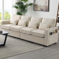 ModernLuxe 4Seater Modern Linen Fabric Sofa with Armrest Pockets and 4 PillowsMinimalist Style Couch for Living Room Apartment Office3 Colors in White