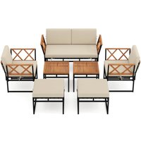 SUGIFT 7-Piece Outdoor Conversation Set with Cushioned Loveseat 2 Armchairs 2 Ottomans and 2 Acacia Wood Coffee Tables Metal Frame Bungee Rope Seats