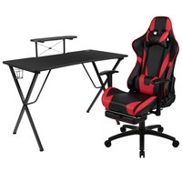 Emma + Oliver Black Gaming Desk and Chair Set with Headphone Hook; and Monitor Stand in Red | 889142935094