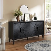 LOVMOR 60 inches Premium Rustic American Farmhouse Credenza in Elegant Black Symmetrical Sunburst Door Design Heavy Duty TV Stand with Adjustable