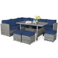 BABOOM Outdoor Wicker Sectional Sofa Set 7 -Piece Mix gray Wicker Patio Dining Set Rectangle Table with 1 Navy Cushions Stationary Chairs
