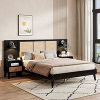 ModernLuxe Assembly Required Queen Size Solid Wood Bed Frame with 2 Nightstands Elegant Design with Lamps Rattan and Wood CombinationBlack one_size