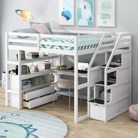 LOVMOR Full Size Loft Bed with Desk and Shelves Two Builtin Drawers Storage Staircase White | SF-M-GX000426AAK