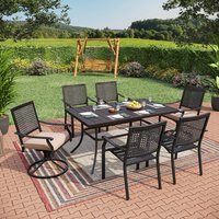 Sunshine Valley Outdoor Table and Chairs 7 -Piece Black Patio Dining Set Steel Rectangle Table with 6 Beige Cushions Stackable Stationary Chairs