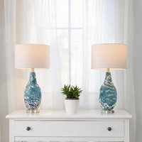 SunJet Set of Two 29-Inch Glass Table Lamps Sapphire Blue and Classic White with Linen Shades Modern Living Room one_size | 2TKS03C5Z0JD