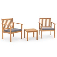 Slickblue 3-Piece Acacia Wood Patio Conversation Set with 2 Chairs and 1 Coffee Table Gray/White Cushions for Porch Backyard or Balcony Polyester
