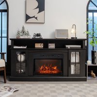 BABOOM 58-in W Black TV Stand with Fan-forced Flat wall Electric Fireplace with Remote Control Included | BOM-06US-BN-CO