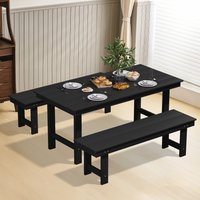 JEAREY 3-Piece Set Table with Umbrella Hole and Two 2-Person Benches 3 -Piece Black Patio Dining Set Plastic Rectangle Table with 2 Stationary Chairs