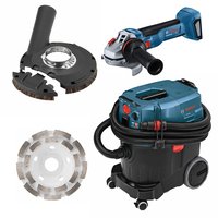 Bosch GWS18V-10N 18V Brushless 4-1/2 – 5 In. Angle Grinder (Bare Tool), 18SG-5E 5 In. Surface Grinding Guard, VAC090AH 9 Gallon Dust Extractor, and