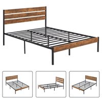 Slickblue Brown Wood Twin/ Full/ Queen- Industrial Platform Bed with Steel and Engineered Wood Slatted Headboard and Footboard for Bedroom - Mattress