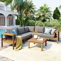 ModernLuxe 4 Pieces Outdoor Acacia Wood Sofa Set Woven Mesh Armrests LShaped Patio Furniture Sofa Set with Coffee Table Outdoor Conversation Set with