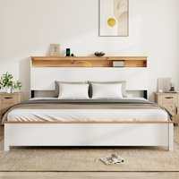 GDFStudio King Bedstead with Charging Station All Wood Bed Frame Storage Headboard Antique White | 358599