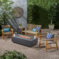 Christopher Knight Home Augusta Outdoor Modern Acacia Wood Wicker 4-Seater Patio Conversation Chat Set with Loveseat Club Chairs 50000 BTU Rectangle