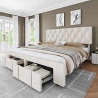 Qeetex King Beige Bed Frame Upholstered Platform Bed Frame with Storage Drawers Mattress Foundation with Solid Wooden Slats Support No Box Spring