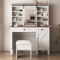 LOVMOR Farmhouse Makeup Vanity Desk with Sliding Mirror and Lights and Hairdryer holder and charging socket Multilayer storage Shelves