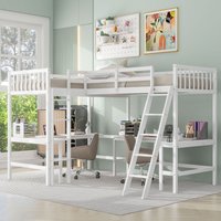 UOI Twin White Solid Wood and MDF L-Shaped Loft Bed with Ladder and 2 Built-in L-Shaped Desks one_size | ZZH104204