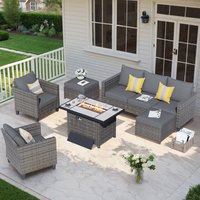 Pouuin 6 -Piece Wicker Patio Sofa Conversation Set with Dark Gray Cushions Polyester | SRFPGRS205