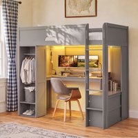 ModernLuxe Assembly Required Twin Size Solid Wood Loft Bed with LShaped DeskStorage Cabinetand Wardrobe High Loft Bed with Smart APP Control LED
