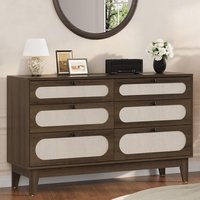 Garvee Rattan Dresser for Bedroom 6 Drawers Dresser for Closet Chests of Drawers Oak Storage Dressers Cabinet for Bedroom Living Room Entryway