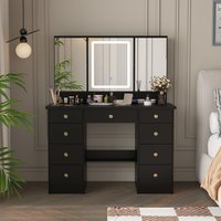 Lowe's Large Makeup Vanity Desk with Open Mirror LED Lights and Crystal Handles Cushion Stool Not Included 43.3''L x 19.7''W x 53.9''H Black