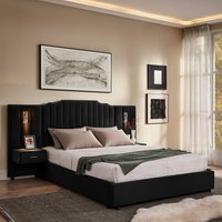 UOI Queen Size Black Velvet Upholstered Bed Frame with Vertical Stripe Design and Buttons Around Platform Bed with Headboard and Bedside Table