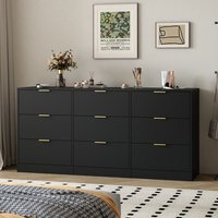 Huluwat Black 9 Drawer Dresser 63-inch Large Deep Chest of Drawers Wooden Dresser Storage Cabinet with 9 Drawers for Bedroom Long Dressers for Living