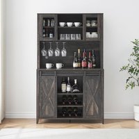 Qeetex Rustic 70 Inch Tall Farmhouse Coffee Bar Cabinet with Sliding Barn Doors Ample Storage Shelves 6-Bottle Wine Rack and 12 Stemware Slots for