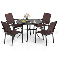 Iseryn Dining Set 5 -Piece Brown Rattan Patio Dining Set Wood Round Table with 4 Gray Cushions Stationary Chairs one_size | DW25GR26732