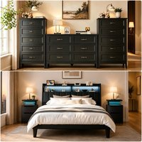 Lofka 6 Piece Black Queen Bedroom Set with LED Upholstered Platform Bed Charging Station 2 Nightstands 6 Drawer Dresser and 2 Chest Dressers