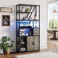 Qeetex Wine Bar Cabinet with LED Lights Tall Coffee Bar Station with Power Outlets and Wine Rack Kitchen Microwave Stand Bakers Rack Cabinet for