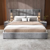 LOVMOR Upholstered King bedwith reading lamp and USB port wide headboardwithout bedside tables and mattress velvet grey | SF-Y-N757K200132G