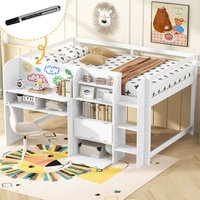 ModernLuxe Assembly Required Full Size Low Loft Bed with Builtin DeskStorage Cabinets and Open BookcaseWhiteboard for GraffitiWhite one_size