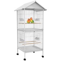 PawHut Wrought Metal Bird Cage Feeder with Rolling Stand Perches Food Containers Doors Wheels 67inch H White | D10-065V01