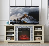 Vynxaria White Faux Stacked Stone TV Media Stand with 18inch Fireplace Insert and Open Storage | LESX1384-DJTV-ST021