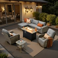 Toject 8 Pieces Patio Conversation Set Outdoor Sectional Sofa Couch with Fire Pit Table Rocking Swivel Chairs Deep Seat Chaise Modern Modular Wicker