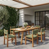 Christopher Knight Home Orelia 7-Piece Outdoor Acacia Wood Dining Set with Woven Wicker Chairs and 68.5-in Rectangular Slat Table - Green Wicker+Teak