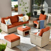 Pouuin 5 -Piece Rattan Patio Sofa Conversation Set with Red Cushions | SCAT8005