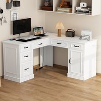 Homsee L Shaped Office Desk White Painted Finish with 6 Drawers and Door Computer Workstation with Power Outlet and Storage 63''L x 63''W x 35.4''H