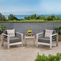 Christopher Knight Home Cape Coral Outdoor 2 Seater Aluminum Club Chair and Table Set-Silver, Khaki | 309573