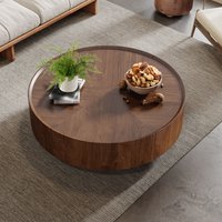 Oizaye Midcentury Round Wood Brown Walnut 39.4-in W x 12.6-in H with Drawers Coffee Table | LICHU003-100