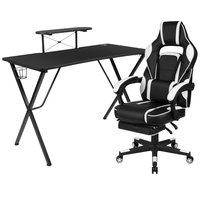 Emma + Oliver Gaming Bundle-Cup/Headphone Desk and White Reclining Footrest Chair | 889142613411