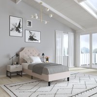 Merrick Lane Provence Twin Size Platform Bed with Slatted Support Contemporary Beige Tufted Fabric Upholstery with Gold Accent Nail Trim in Light