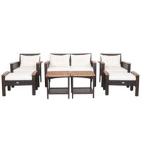 SUGIFT 7-pc Outdoor Lounge Set PE Wicker Sofa Club Chairs Ottomans Acacia Wood Side Tables with Bottom Shelf and Ivory Cushions for Patio Deck